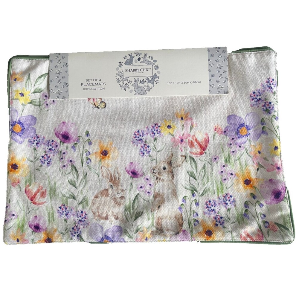 Shabby Chic Easter Bunny Placemats Set of 4 Spring Flowers Machine Wash 13x19"
